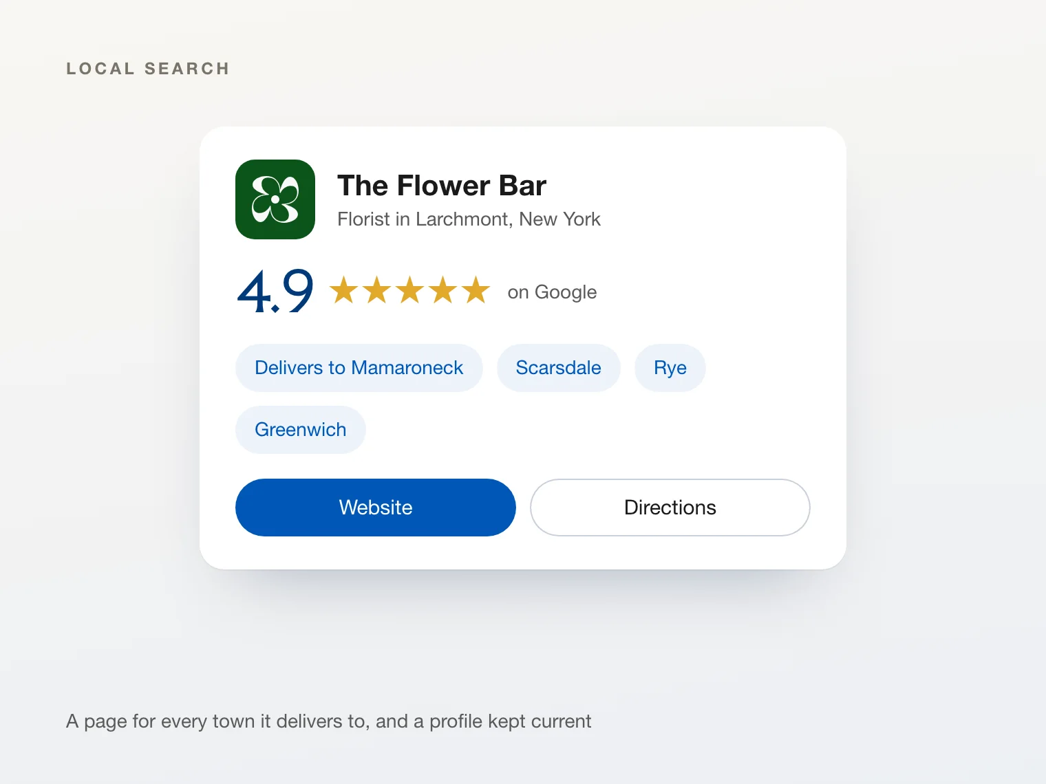 The Flower Bar on Google: 4.9 stars, and the towns it delivers to